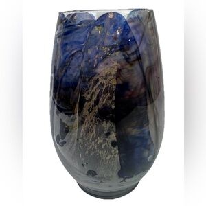 Alaura Candle Blown Glass Cover Swirl Glass Design W/Blue & Gold Colors 9.5”